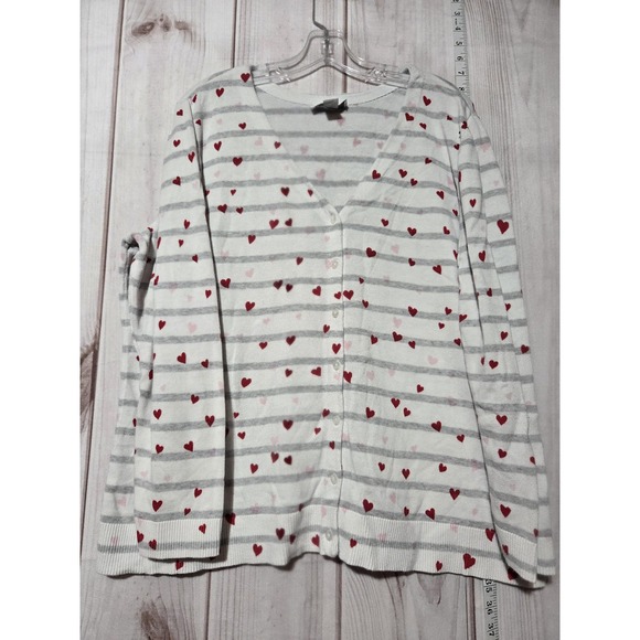 CJ Banks Cardigan Sweater Womens 2X White Gray Striped Red Hearts Button Front - Picture 1 of 6